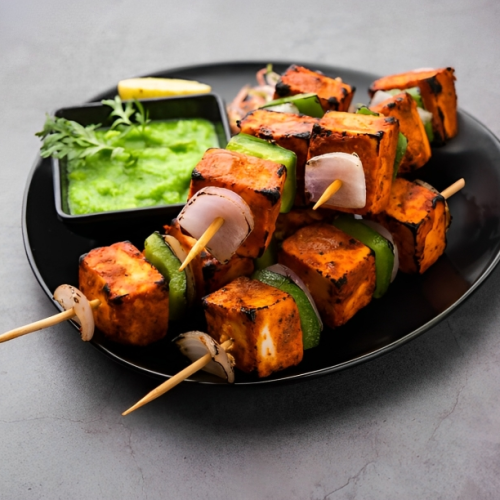 Full Plate of Paneer Tikka with Green Souce